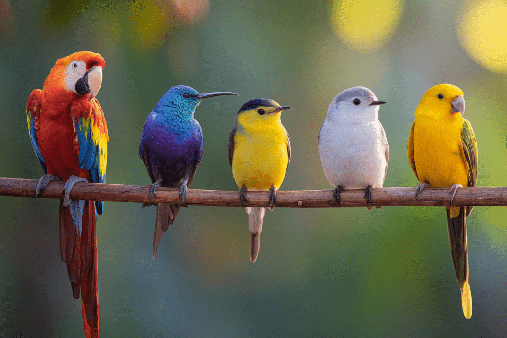 Plusieurs oiseaux sur une branche avec à gauche un oiseau différent des autres